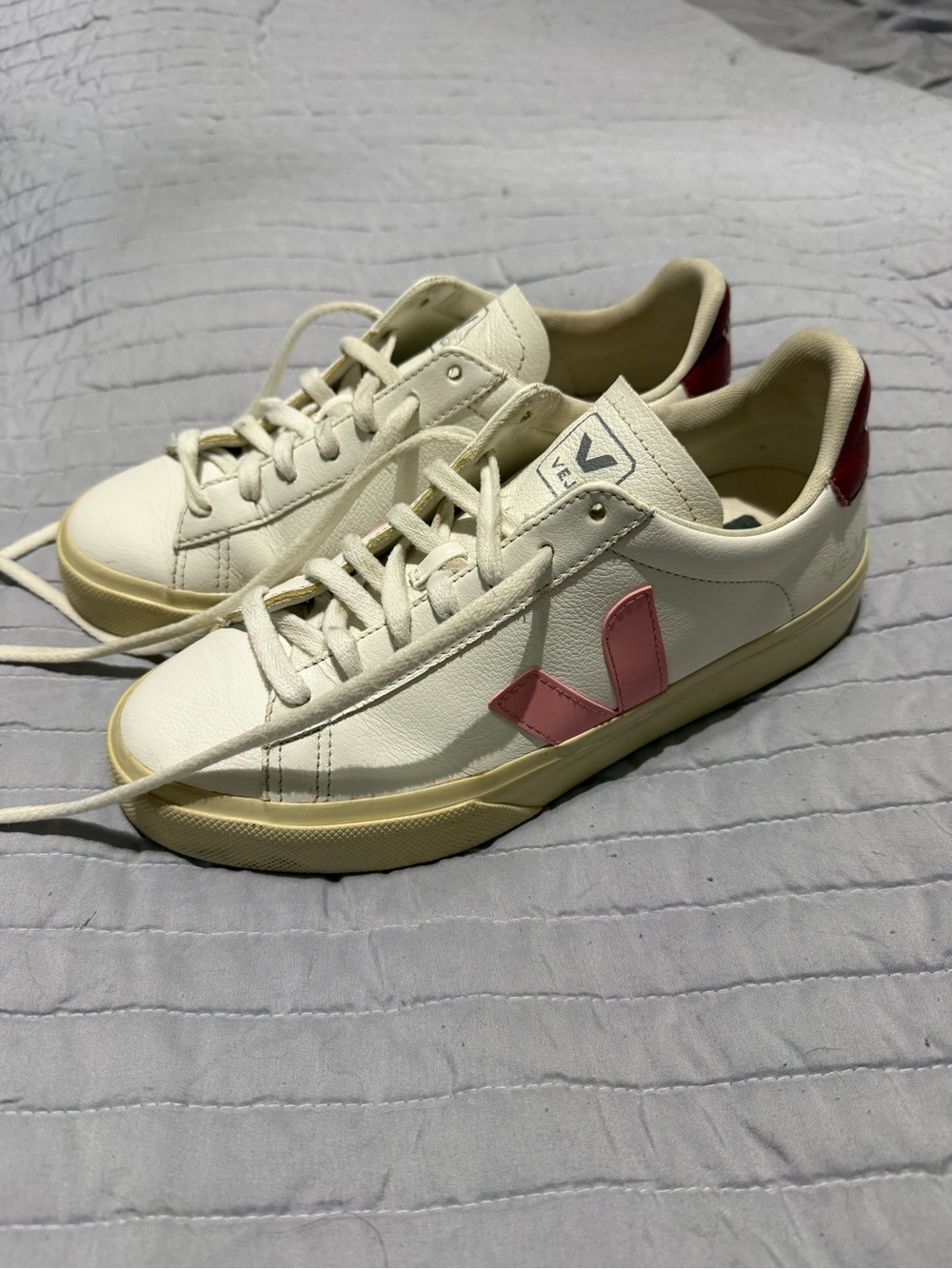 Veja Women’s Low-Top Sneakers in Cream with Pink V and Red Heel